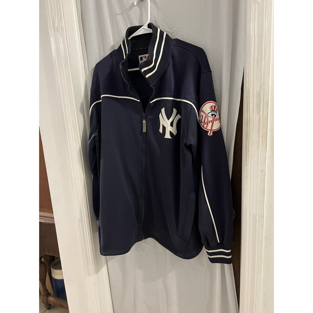 Majestic Vintage New York Yankees Blue Full Zip Fleece Jacket Patches Sz L MLB